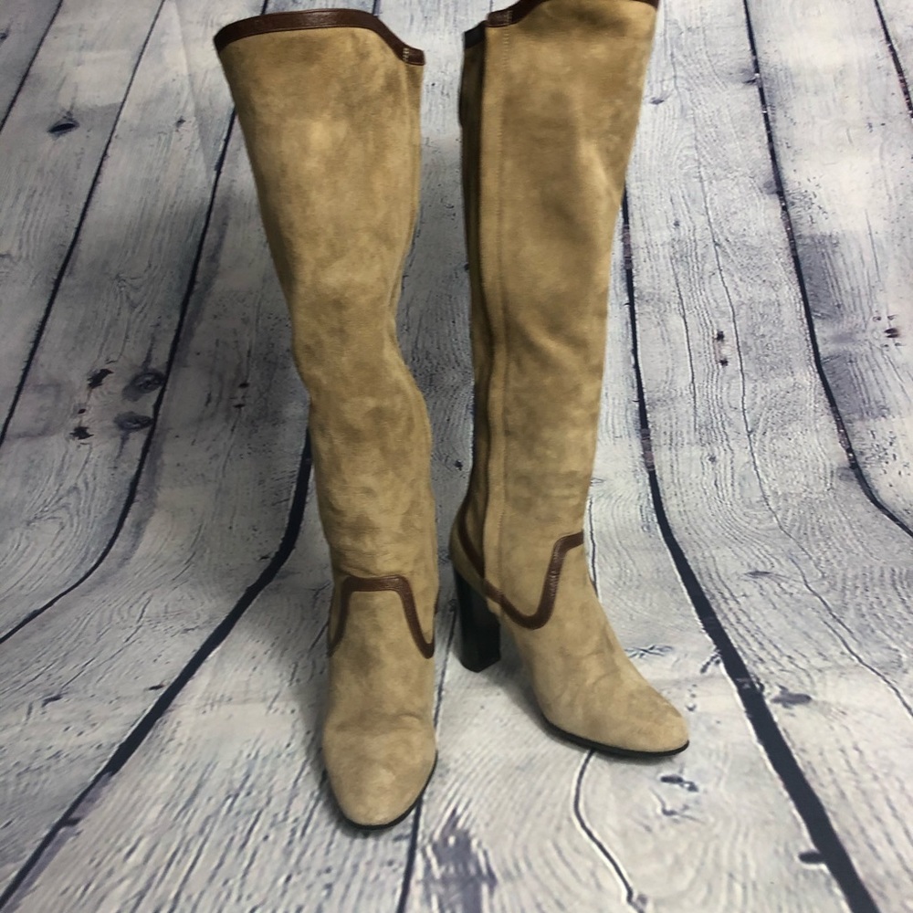 Pierre Hardy suede with brown leather trim. 7.5